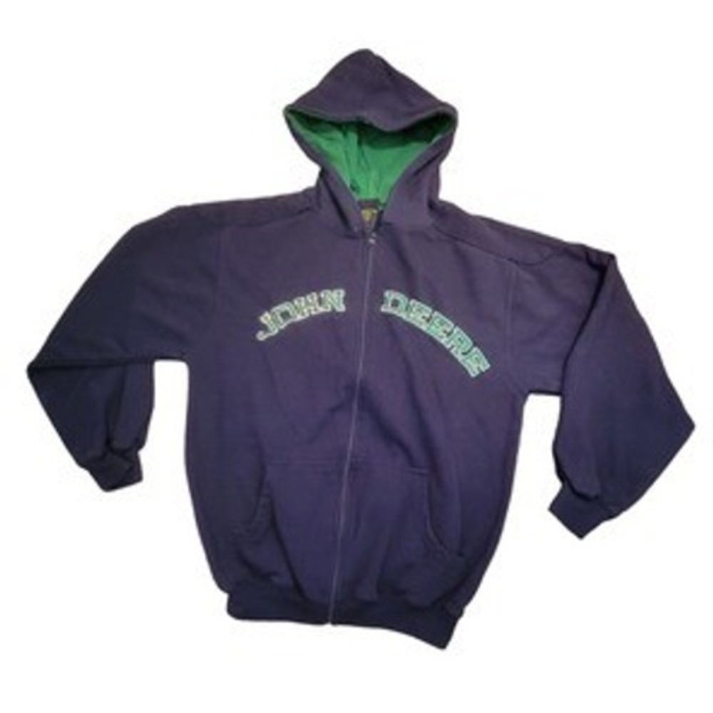 John Deere Hoodie Kids L 14/16 Navy Blue Cotton Full Zip Fleece Logo Classic